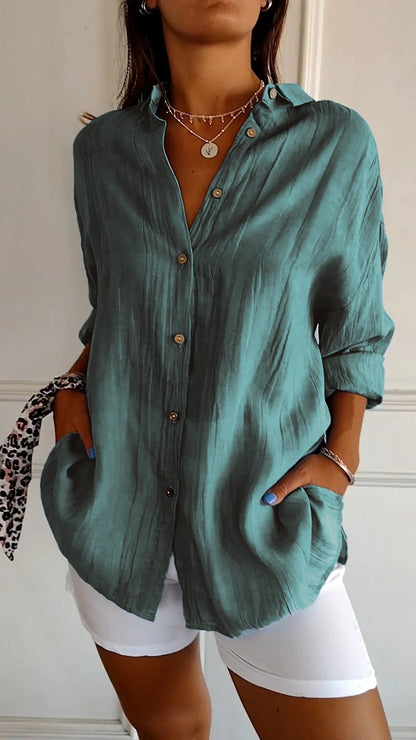 Camisa de tejido plano con botones, cuello en punta y mangas enrollables para mujer
