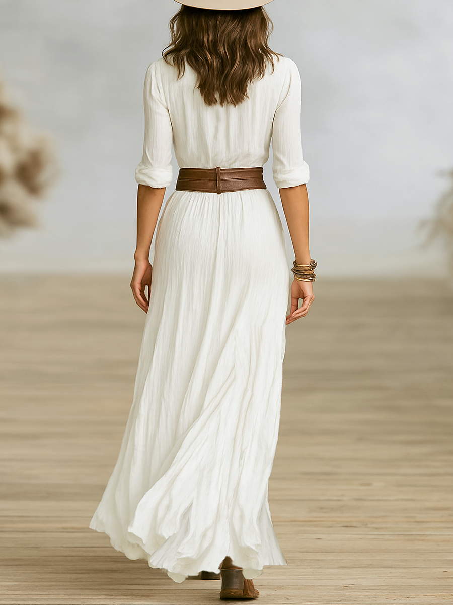 Vestido maxi tejido para mujer con botones delanteros y cinturón con hebilla