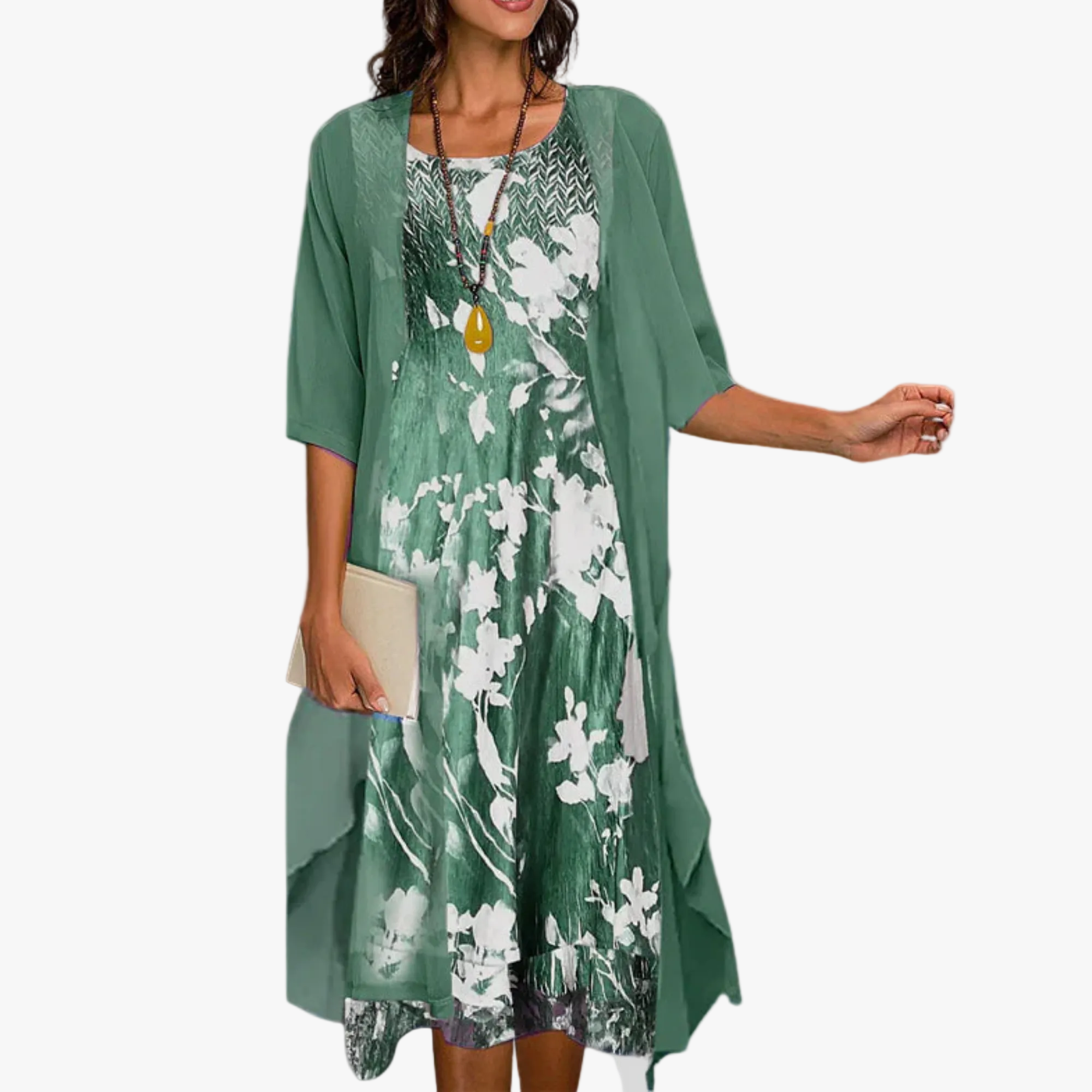 Conjunto de vestido midi tejido para mujer con capa abierta y estampado floral