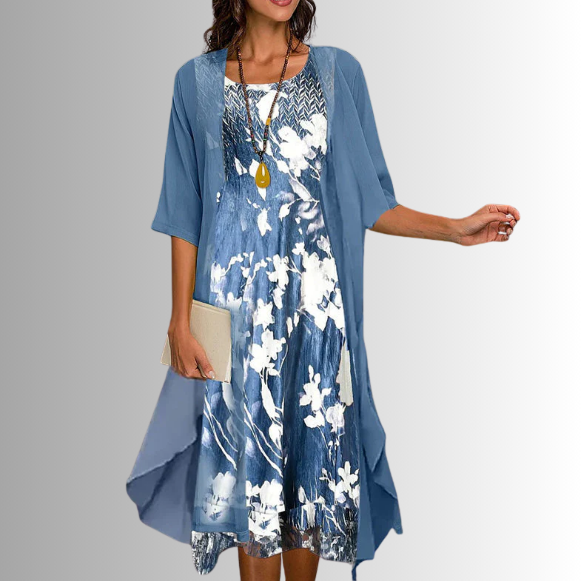 Conjunto de vestido midi tejido para mujer con capa abierta y estampado floral