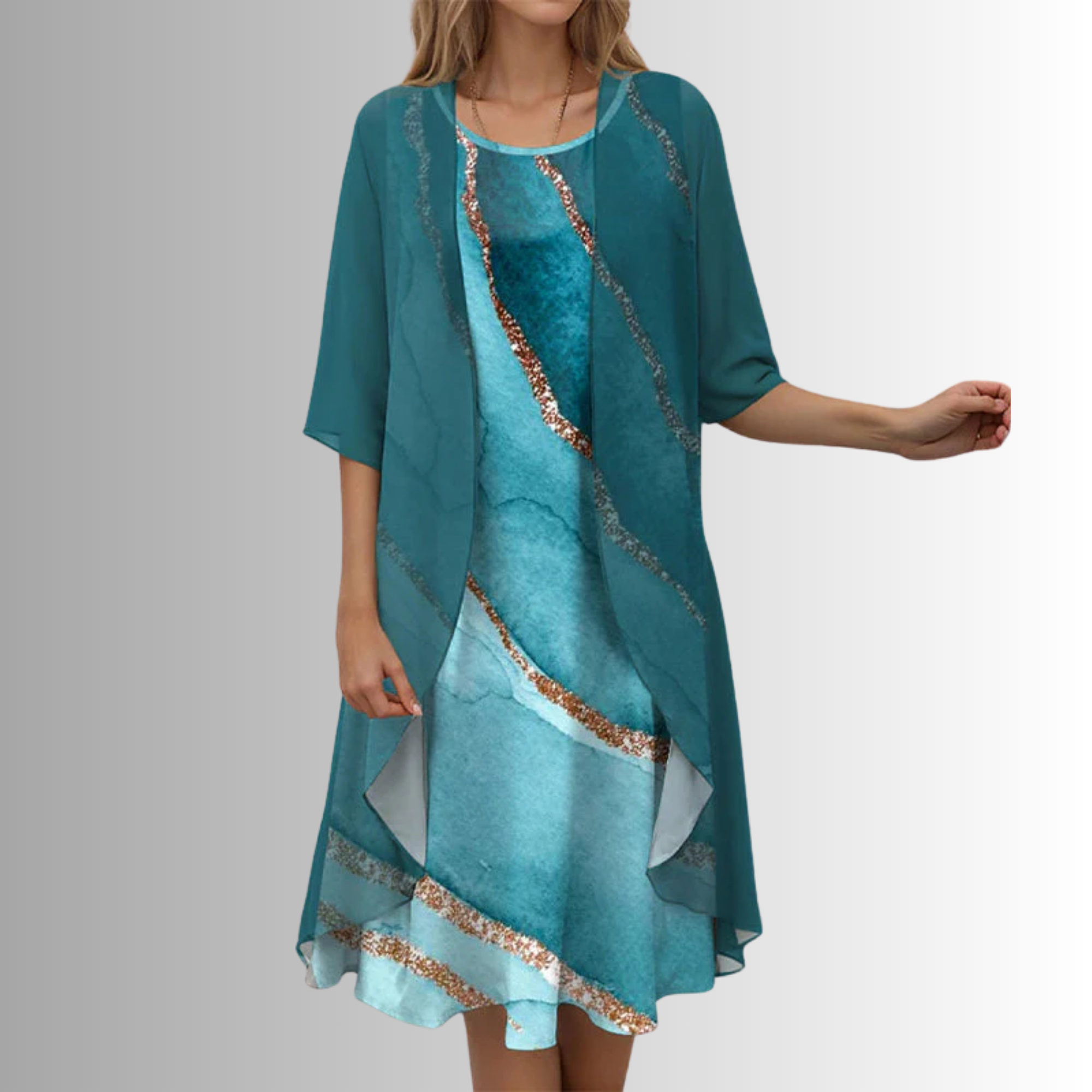 Conjunto de vestido midi tejido para mujer con capa abierta y estampado floral