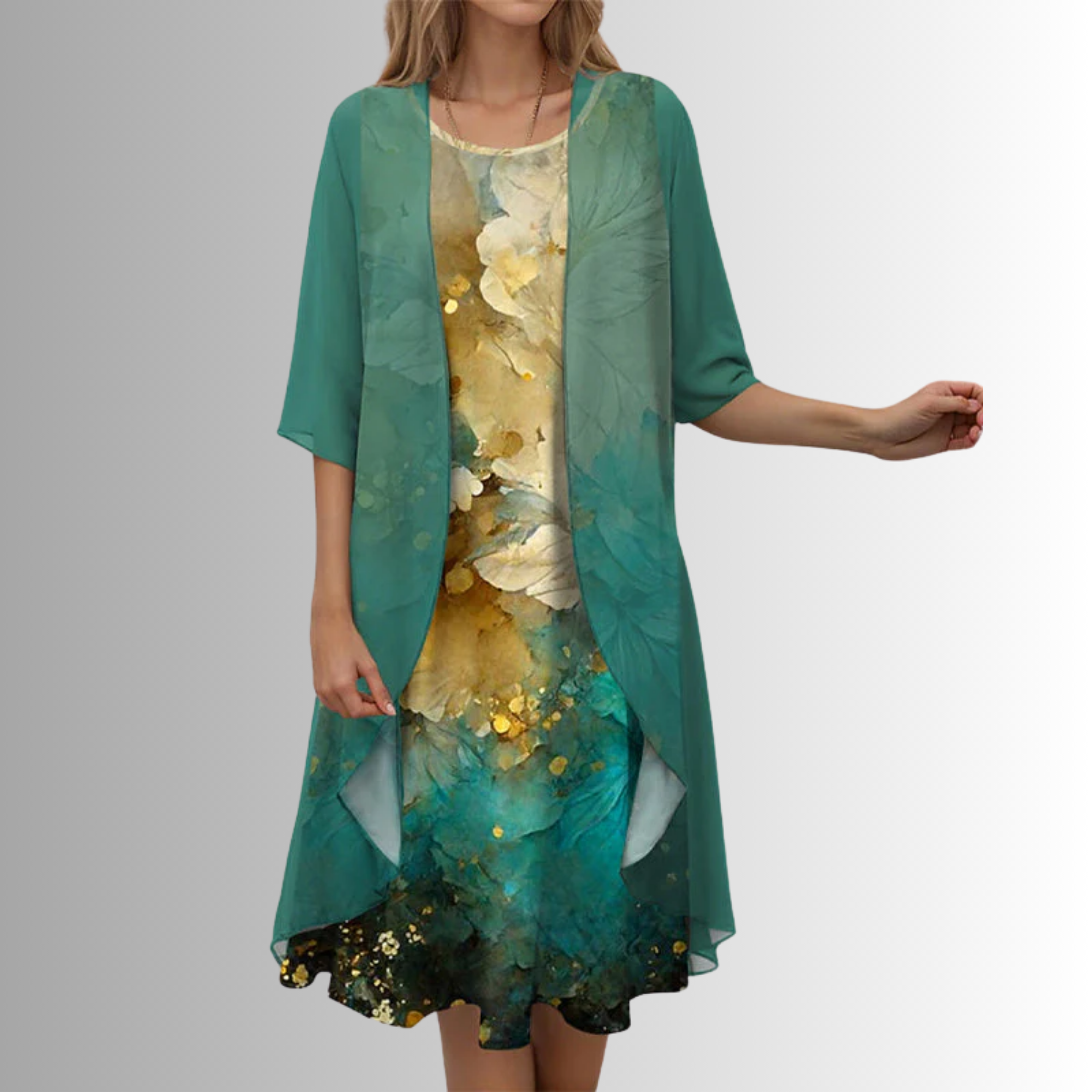 Conjunto de vestido midi tejido para mujer con capa abierta y estampado floral