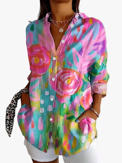 Blusa estampada de tejido plano para mujer con botones delanteros y mangas enrollables con trabilla