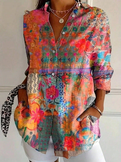 Blusa estampada de tejido plano para mujer con botones delanteros y mangas enrollables con trabilla