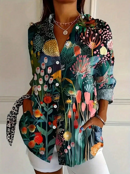 Blusa estampada de tejido plano para mujer con botones delanteros y mangas enrollables con trabilla