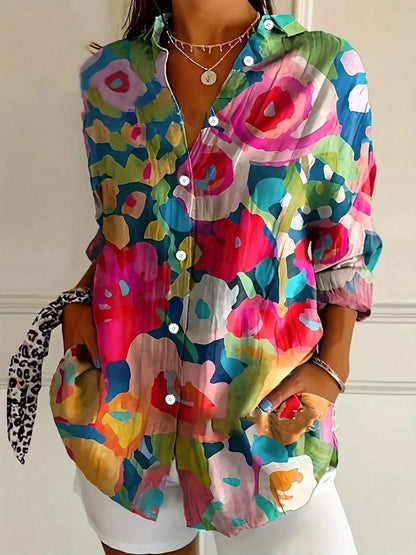 Blusa estampada de tejido plano para mujer con botones delanteros y mangas enrollables con trabilla
