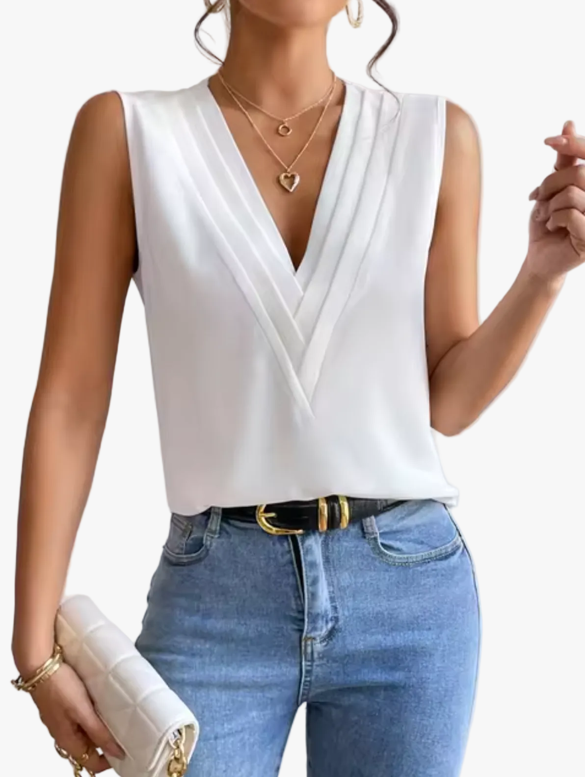 Top de mujer sin mangas en tejido con cuello de pico en capas y frontal plisado