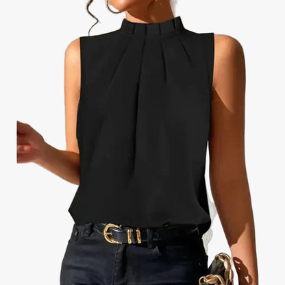 Blusa de estilo tejido plano para mujer con cuello alto y pliegues delanteros