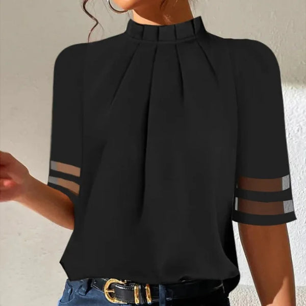 Blusa de estilo tejido plano para mujer con cuello alto y pliegues delanteros